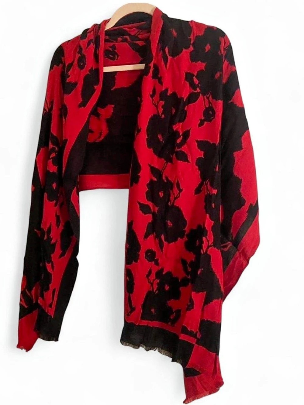 Chico's Floral Open Front Shrug in Red & Black Like New